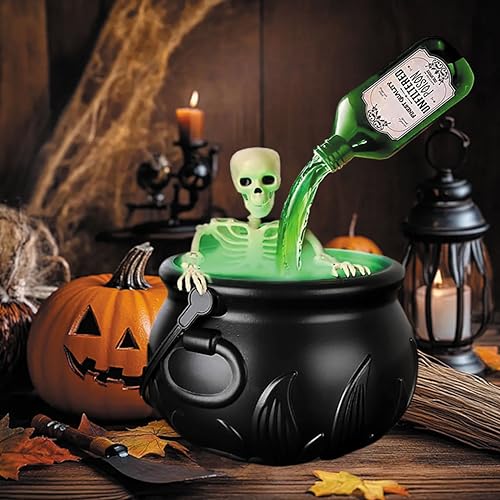 Cauldron Halloween Decor with Floating Potion Bottles & Skeleton Props - Witch Bucket Candy Bowl