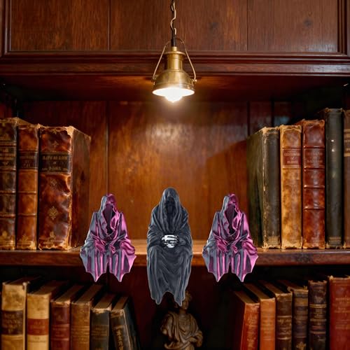 Halloween Gothic Decor Sitting Statue Set - Faceless Hooded Figures - 4" Black & Purple Figurines for Spooky Home Decor