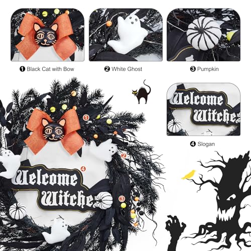 22-Inch Halloween Wreath with 20 LED Lights for Front Door Indoor Outdoor Decor