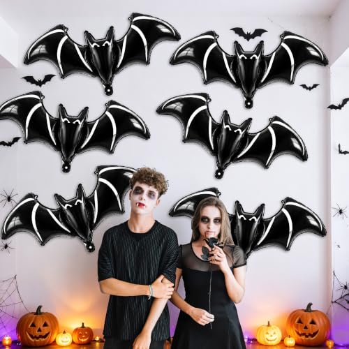 Black Bat Foil Balloons - Giant Halloween Bat Decorations, 6 Pack with Hanging Ribbons - Variation: Black Bat