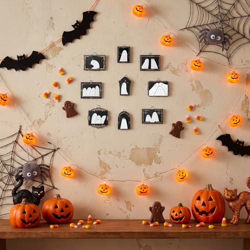 Halloween Ghost Hanging Frame Set - Black & White Wooden Decor, 9 Pieces