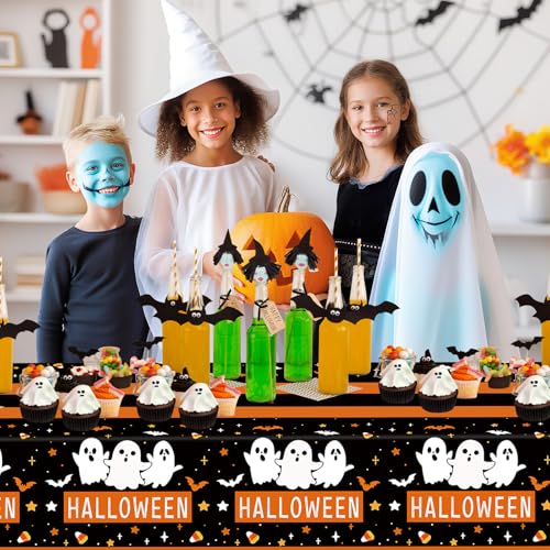 Halloween Ghost Tablecloth Set - Disposable Plastic Black Orange Bat Party Cover, 54 x 108 Inches - Variation of THIS listing