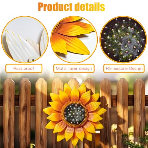 12 Inch Metal Sunflower Wall Decor with Rhinestone Center - Outdoor & Indoor Floral Hanging Art