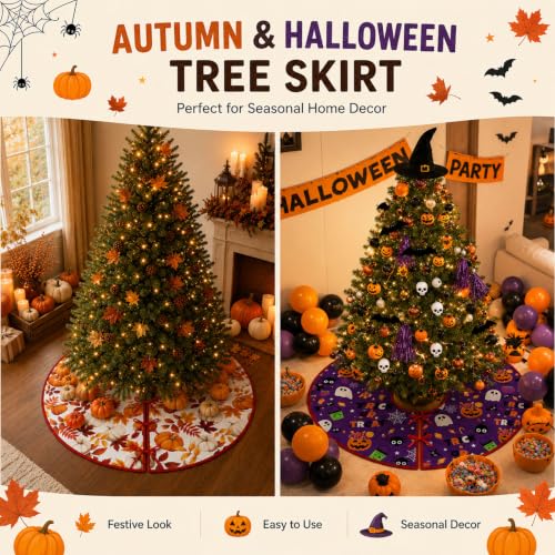 Fall Halloween Reversible Tree Skirt - 36 Inch Seasonal Holiday Decor - Fall & Halloween Design
