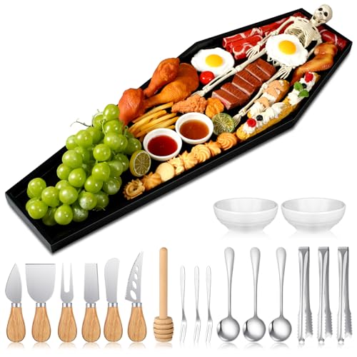 Halloween Coffin Charcuterie Board Set with Skull Stand and Utensils - 32 Inch Spooky Serving Platter