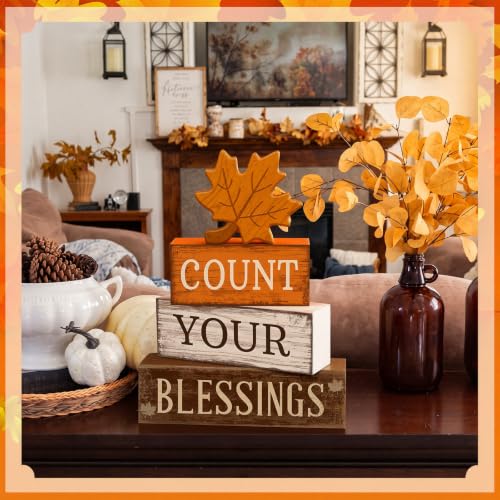 Count Your Blessings Fall Wooden Block Set - Rustic Maple Leaf Decor