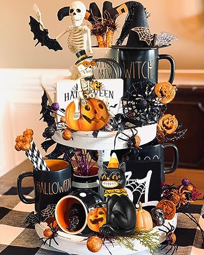 Halloween Indoor Decorations 2-Pack Resin Black Cat & Skeleton Pumpkin Lights