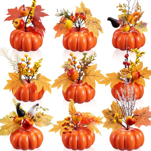 Set of 9 Fall Pumpkin Centerpieces with Berries and Maple Leaves for Thanksgiving and Halloween Decor