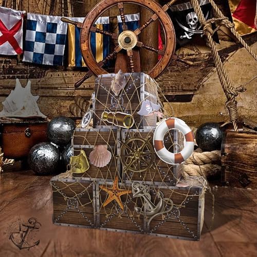 Wood Pirate Party Decorations Set - Imitation Wooden Treasure Chests, Fishing Net & Rope - Adult Halloween Party Supplies