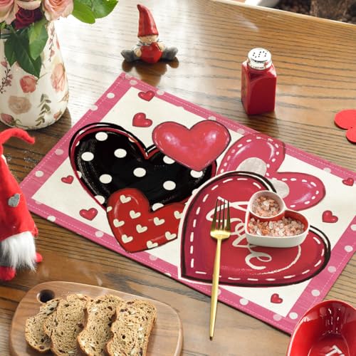 Pink Valentine's Dot Hearts Love Placemats Set of 4 - 12x18 Inch Rectangular Table Mats