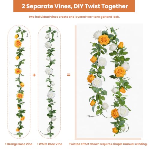 GREENTIME 2-Pack Orange White Flower Garland - 6.5Ft Rose Vine Decor
