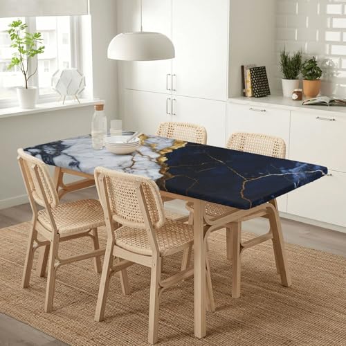 Black and White Marble Texture Tablecloth - 50 x 25 Inches Rectangular with Elastic Edge, Washable Kitchen Dining Cover - Fiokroo
