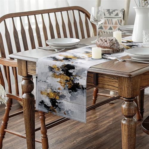Jejeloiu Gold Black Grey Table Runner 13 x 120 Inches for Dining & Decor