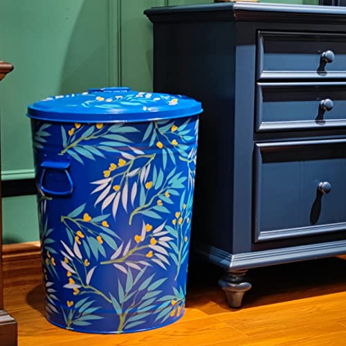 Hand Painted Metal Trash Can with Lid - Blue Flower Design, 10 Gallons