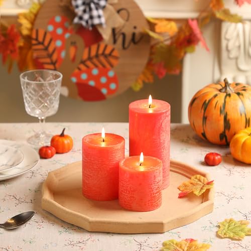 Fall Candles Set of 3 - 3x4 Inch Orange Pillar Candles for Autumn Decor