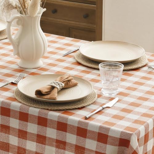 Romanstile Fall Gingham Tassel Tablecloth - Orange Plaid, 55x70 Inch Rectangular