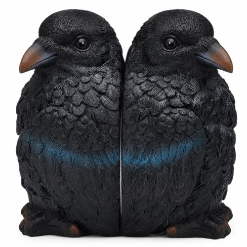 Gothic Crow Bookends Pair - Dark Raven Sculptures for Halloween Decor