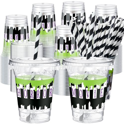 Halloween Cups with Lids & Straws - Horror / Black - 50 Pack, 12 oz