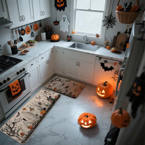 Halloween Boo Dog Ghost Decorative Kitchen Rugs Set of 2, 17x29 & 17x47 Inch - Multi-Color