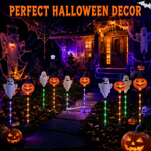 Outdoor Solar Ghost and Pumpkin Lights Set - 6pcs Halloween Pathway Decor with 3 Modes - Waterproof Landscape Lights, Orange Variation