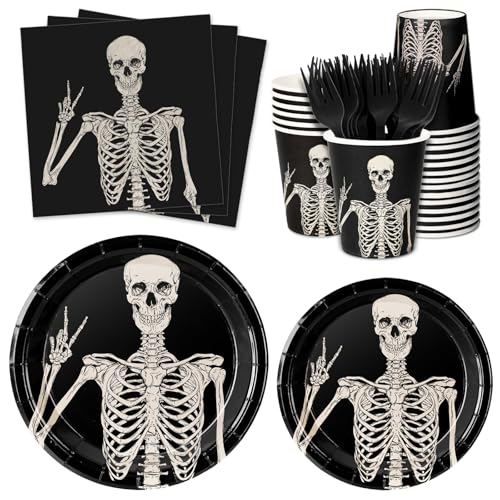 Halloween Skeleton Disposable Tableware Set for 25 Guests - Plates, Cups, Napkins, Cutlery