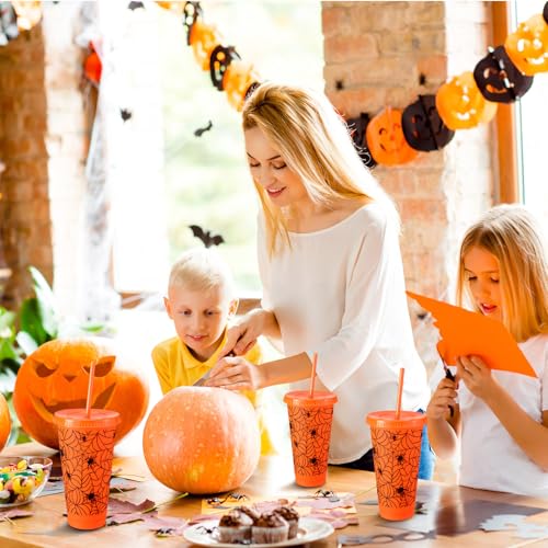 Halloween Plastic Cups with Lids & Straws - Orange Spiderweb Pattern, 24 oz, Bulk Pack