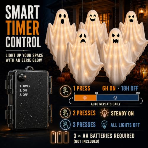 Halloween LED Hanging Ghost Decorations Set with Timer - Outdoor Indoor Party Lights