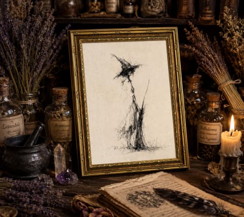 Line Witch Canvas Wall Art - Gold Framed Gothic Halloween Decor - 16x12 inches