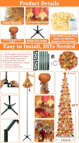 6FT Fall Pop Up Tinsel Tree with Lights - Battery Operated Autumn Decor