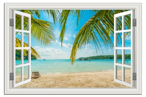 Large Tropical Beach Ocean Canvas Wall Art - Blue Seascape, Ready to Hang, 32x48 Inches, Coastal Living Room Decor - Variation: Palm Tree Style