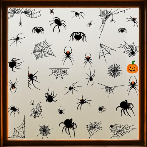 Halloween Window Clings Spider Cobweb Stickers - Reusable Double Sided Decals for Glass Windows, 4 Sheet A5