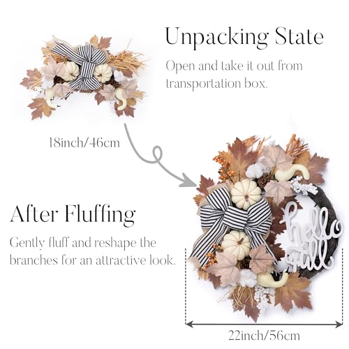White 22-Inch Collapsible Fall Wreath with Pumpkins and Lights for Front Door