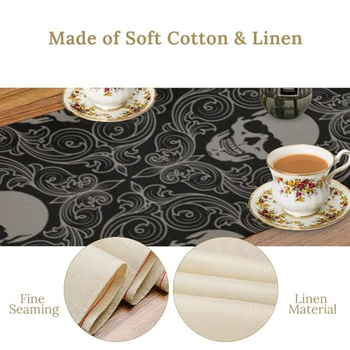 Gothic Skull Table Runner W13xL36 Black Abstract Halloween Damask Skeleton Decor