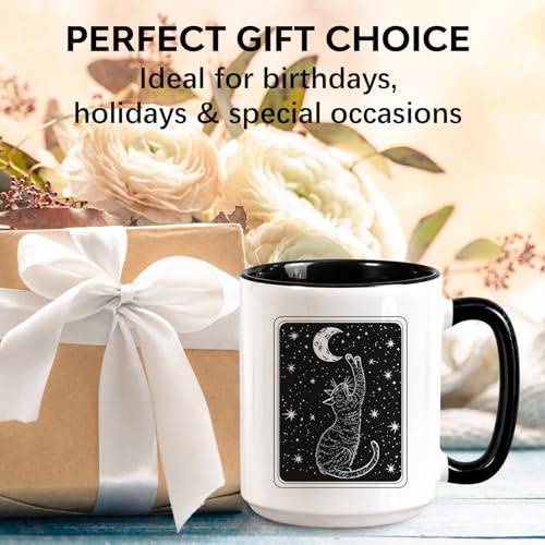 Black Cat Ceramic Mug 15 Oz Witchy Moon Gothic Coffee Cup - Cat Variation