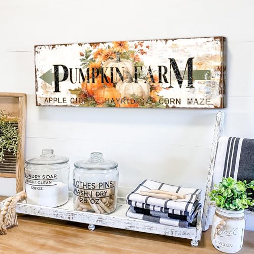 Fall Pumpkin Wall Art Canvas - Rustic Autumn Decor for Kitchen & Door - 6x17 Inches - Pumpkin-1
