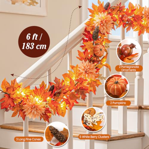 Burnt Orange Fall Garland with Lights - 6ft Autumn Decor with Fruits & Dahlia