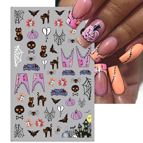Halloween Nail Art Stickers Mix - Gradient Pumpkin Horror Mask Spider Web Design, 3D Self-Adhesive Decals, 5 Sheets