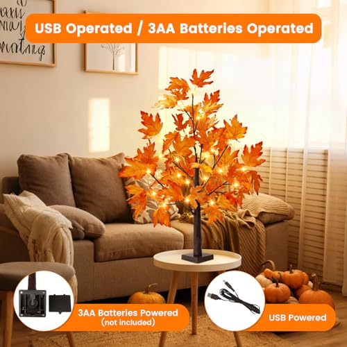 1 Pack 2FT Lighted Maple Tree for Fall Home Decor - Artificial Indoor Tree with LED Lights