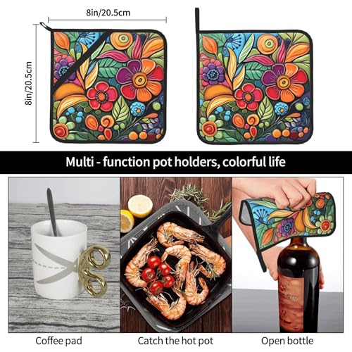 Colorful Boho Pot Holders Set of 2 - Heat Resistant Kitchen Oven Pads