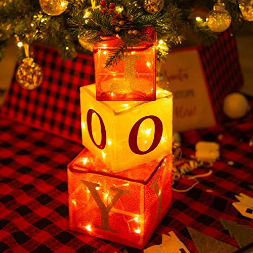 Christmas Lighted Gift Boxes Set of 3 with White LED Lights - Joy Variation