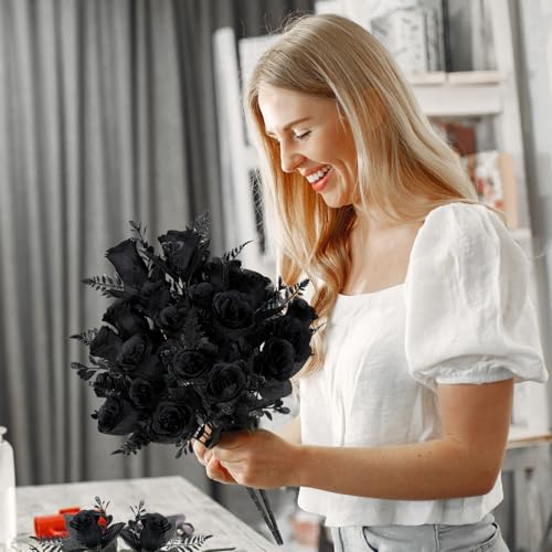 Artificial Black Rose Flowers Bouquet - 4 Pack, Realistic Silk Roses for Halloween & Fall Decor