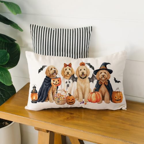 Halloween Pillow Cover 12x20 Ghost Witch Golden Poodle Variation Decorative Throw Pillowcase