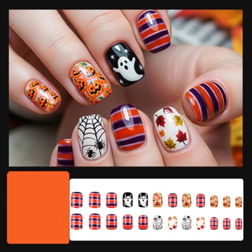 Halloween K Short Goth Maple Fall Fake Nails - 24 pcs Press-On Nails with Tools