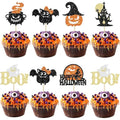 Halloween Cupcake Toppers Set - 24 Glitter Ghost Pumpkin Witch Bats Decorations