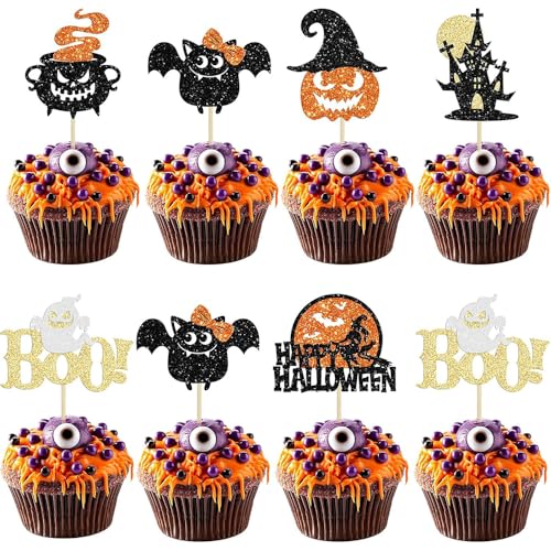 Halloween Cupcake Toppers Set - 24 Glitter Ghost Pumpkin Witch Bats Decorations
