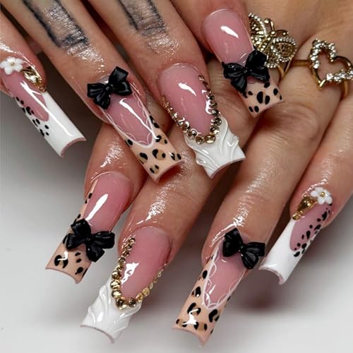 Pink Long Square Press-On Nails with Leopard & 3D Black Bow - DIY Nail Kit