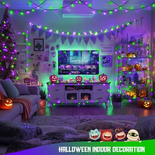 Purple and Green Halloween String Lights 2 Pack - Battery Operated & Remote Control
