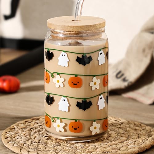 Halloween Glass Pumpkin Iced Coffee Cup with Lids & Straws - Multicolor 16oz
