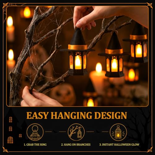 Halloween Mini Lantern and Witch Hat Set with Flickering LED Candles - 16 Pieces
