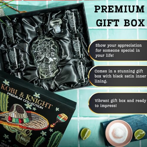 Skull Tequila Decanter Set with 6 Shot Glasses - Handmade Glass Barware Gift